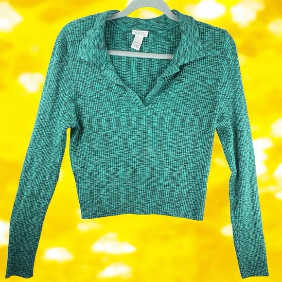 Rue21 Sweaters - Rue21 Teal Ribbed Knit Collared V-Neck  Long Sleeve Sweater XL Grunge Punk 90s